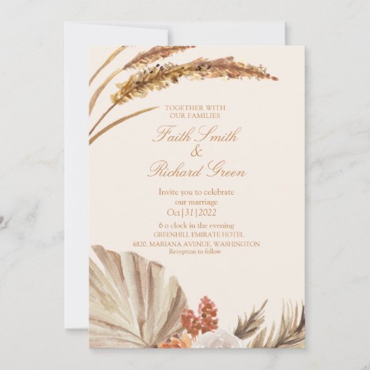 金ゴールドエレガントパンパスグラス結婚式招待状 招待状 (正面)