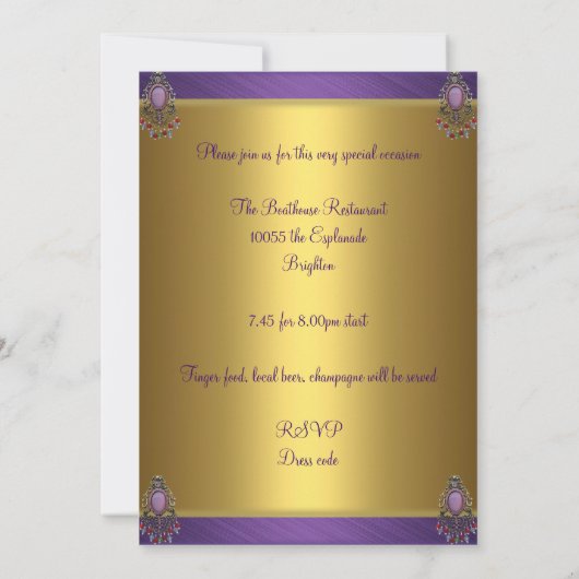 金ゴールドエレガントパープルビーズジュエル40歳の誕生日 招待状 (裏面)