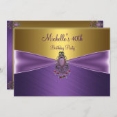 金ゴールドエレガントパープルビーズジュエル40歳の誕生日 招待状 (正面/裏面)