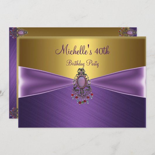 金ゴールドエレガントパープルビーズジュエル40歳の誕生日 招待状 (正面/裏面)