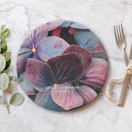 金ゴールドエレガントパープルブルーアジサイ誕生日パーティー ペーパープレート