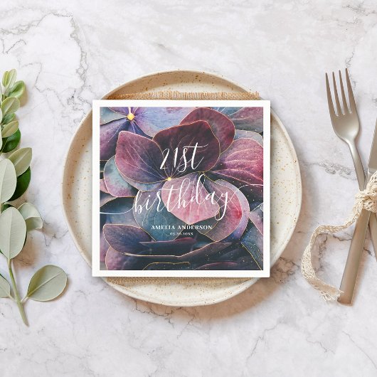 金ゴールドエレガントパープルブルーアジサイ21歳の誕生日 スタンダードカクテルナプキン