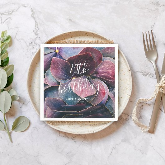 金ゴールドエレガントパープルブルーアジサイ70誕生日 スタンダードカクテルナプキン