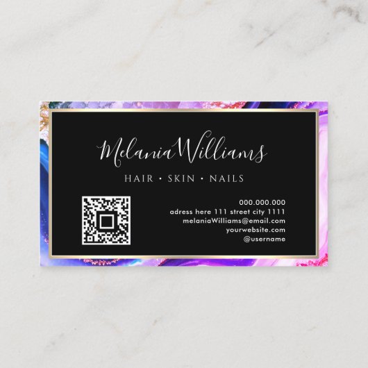 金ゴールドエレガントパープルマーブルゲートQRコード 名刺 (裏面)