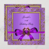 金ゴールドエレガントパープルメイブジュエルバースデーパーティー 招待状 (正面/裏面)