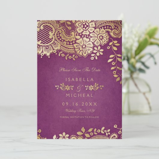 金ゴールドエレガントパープルレース結婚式 セーブザデート (スタンド正面)