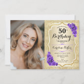 金ゴールドエレガントパープル写真50誕生日 招待状 (正面)