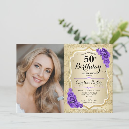 金ゴールドエレガントパープル写真50誕生日 招待状 (スタンド正面)