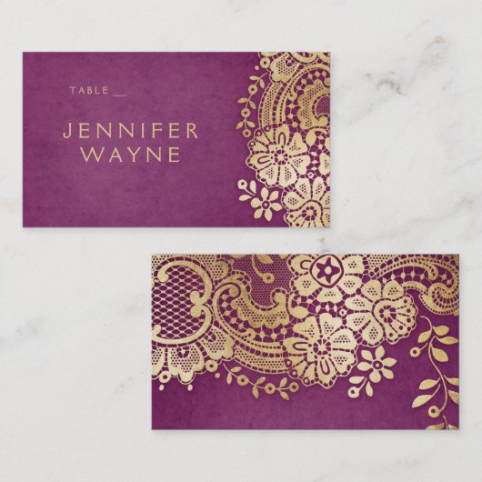金ゴールドエレガントパープル結婚レース座席表 プレイスカード (正面/裏面)
