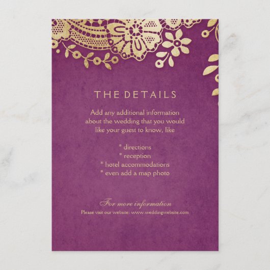 金ゴールドエレガントパープル結婚レース詳細カード エンクロージャーカード (正面)