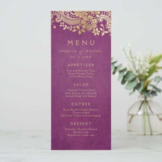 金ゴールドエレガントパープル結婚ヴィンテージレース メニュー (スタンド正面)