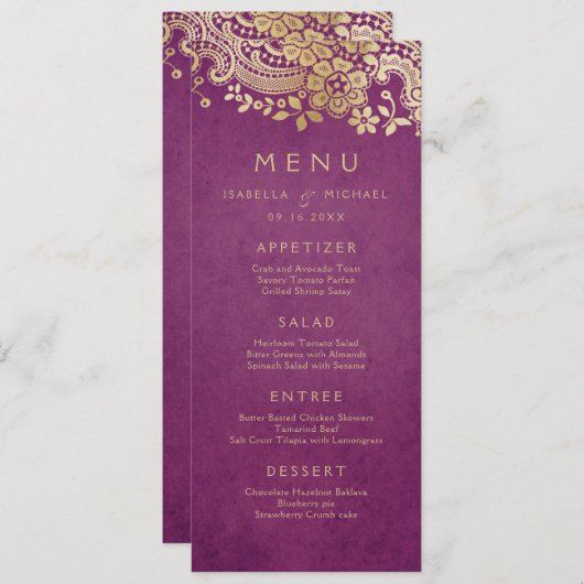 金ゴールドエレガントパープル結婚ヴィンテージレース メニュー (正面/裏面)
