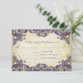 金ゴールドエレガントパープル&グリーンピーコッ結婚クス 出欠カード (スタンド正面)