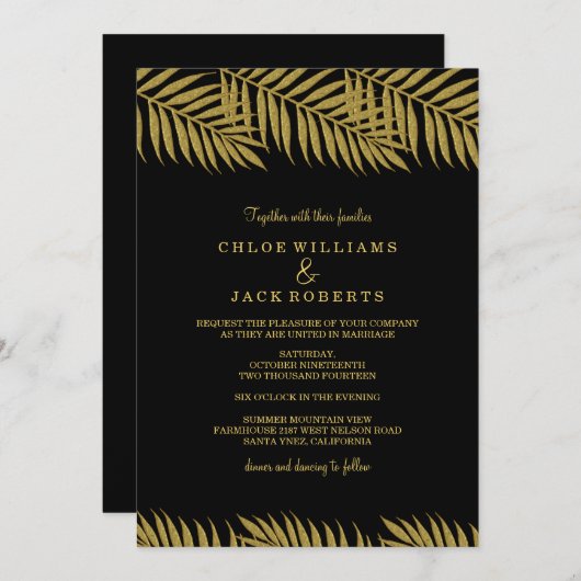金ゴールドエレガントパームツリートロピカル結婚式招待状 招待状 (正面/裏面)