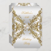 金ゴールドエレガントパールジュエルシルバーバースデーパーティー 招待状 (正面/裏面)