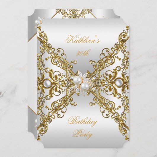 金ゴールドエレガントパールジュエルシルバーバースデーパーティー 招待状 (正面/裏面)