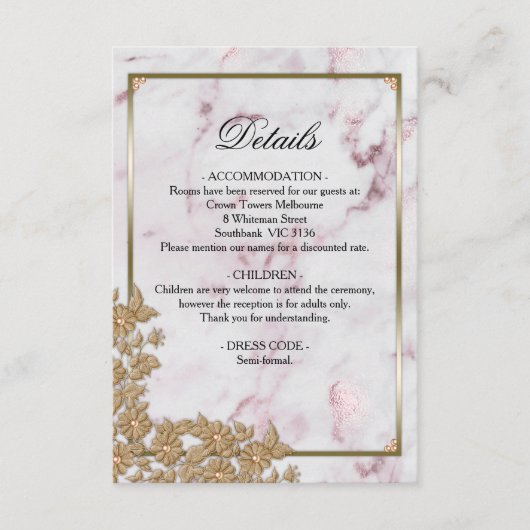 金ゴールドエレガントパールピンク大理石結婚の詳細 エンクロージャーカード (正面)