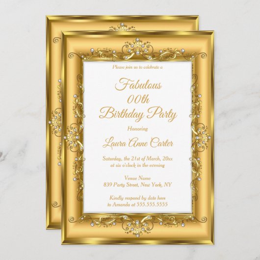 金ゴールドエレガントパールフォトウーマンズバースデーパーティー 招待状 (正面/裏面)