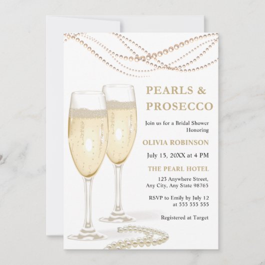 金ゴールドエレガントパール&プロセッコ写真ブライダルシャワー 招待状 (正面)