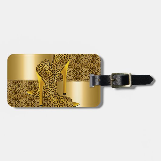 金ゴールドエレガントヒョウハイヒールシューズ動物 ラゲッジタグ (正面横)