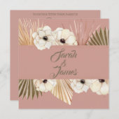 金ゴールドエレガントピンクウォーターカラーボホフローラ結婚ズ 招待状 (正面/裏面)