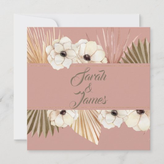 金ゴールドエレガントピンクウォーターカラーボホフローラ結婚ズ 招待状 (正面)