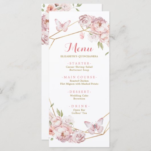 金ゴールドエレガントピンクジオメトリックフローラクインセアニラ メニュー (正面/裏面)