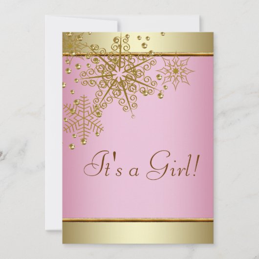 金ゴールドエレガントピンクスノーフレークベビーガールシャワー 招待状 (正面)