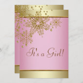 金ゴールドエレガントピンクスノーフレークベビーガールシャワー 招待状 (正面/裏面)