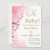 金ゴールドエレガントピンクドッグウッドフローラベビーシャワー 招待状 (正面)