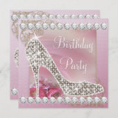 金ゴールドエレガントピンクハイヒールシューバースデーパーティー 招待状 (正面/裏面)