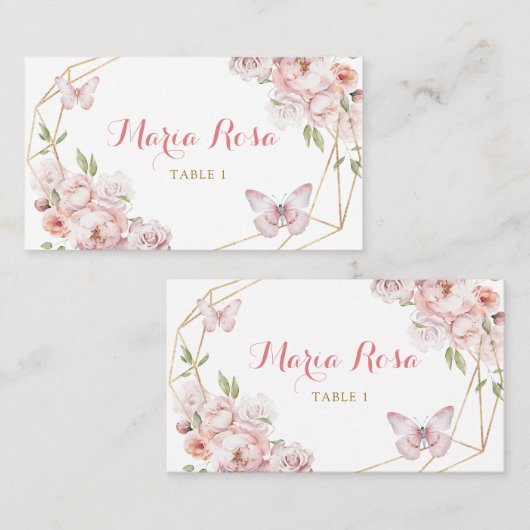 金ゴールドエレガントピンクフローラガールキンセアニラ プレイスカード (正面/裏面)