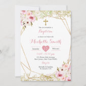 金ゴールドエレガントピンクフローラガールバプテスマ招待状 招待状 (正面)