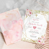 金ゴールドエレガントピンクフローラガールバプテスマ招待状 招待状