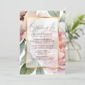 金ゴールドエレガントピンクフローラフォトお祝いの生活 招待状 (スタンド正面)