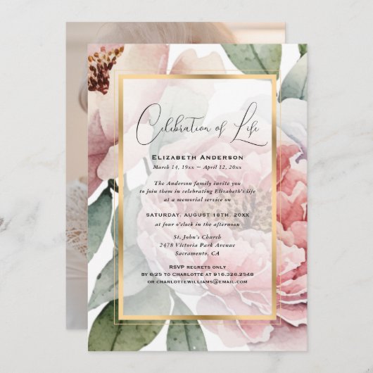 金ゴールドエレガントピンクフローラフォトお祝いの生活 招待状 (正面/裏面)