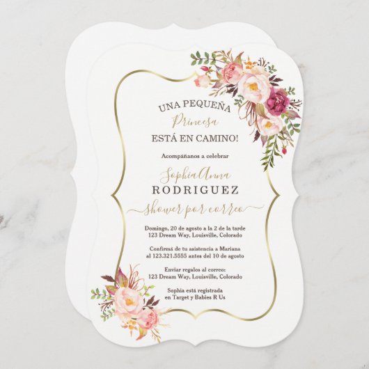 金ゴールドエレガントピンクフローラベビーシャワーポールコレオ 招待状 (正面/裏面)