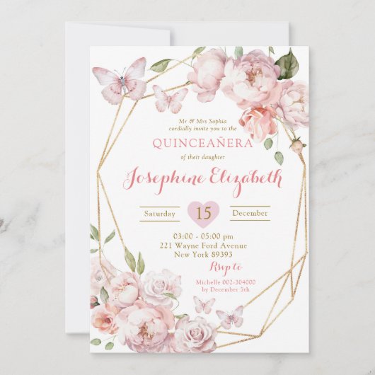 金ゴールドエレガントピンクフローラミクリンスアニョス誕生日 招待状 (正面)