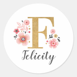 金ゴールドエレガントピンクフローラモノグラムイニシャル文字F ラウンドシール
