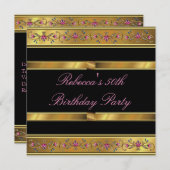 金ゴールドエレガントピンクフローラ50thバースデーパーティーブラック 招待状 (正面/裏面)