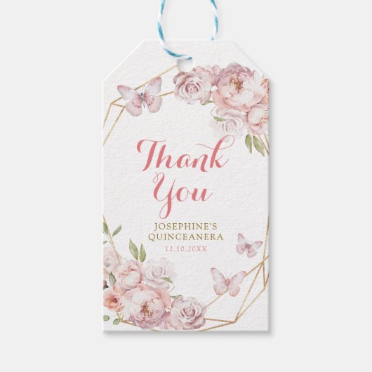 金ゴールドエレガントピンクフローラMIS XVアニョスありがとう ギフトタグ (正面)