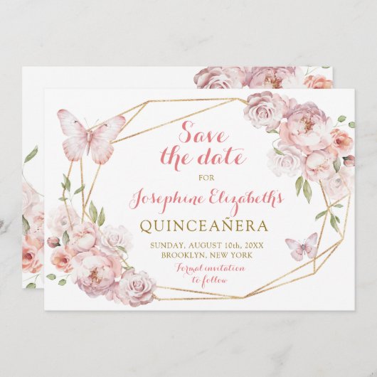 金ゴールドエレガントピンクフローラMis XVアニョス日付の保存 招待状 (正面/裏面)