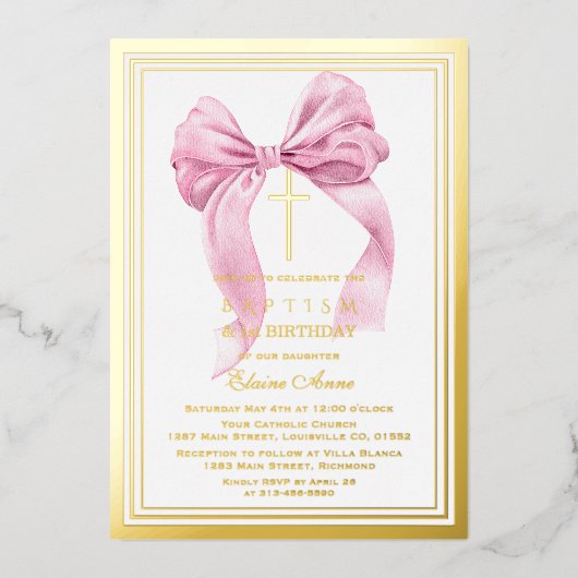 金ゴールドエレガントピンクボウガール1stバースデーバプテスマ 箔招待状 (正面)