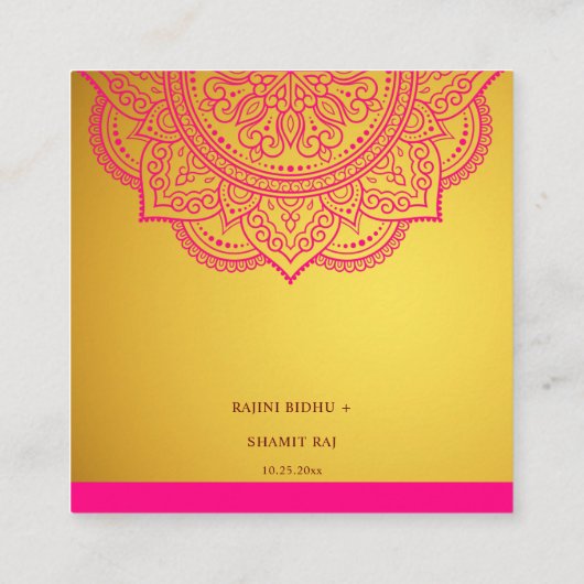 金ゴールドエレガントピンクマンダラ&インディアンウェディングRSVP エンクロージャーカード (裏面)