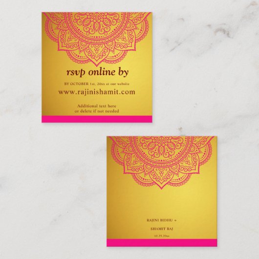 金ゴールドエレガントピンクマンダラ&インディアンウェディングRSVP エンクロージャーカード (正面/裏面)