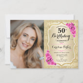 金ゴールドエレガントピンクローズ写真50誕生日 招待状 (正面)