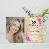金ゴールドエレガントピンクローズ写真50誕生日 招待状 (スタンド正面)