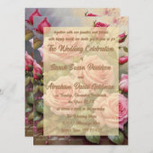 金ゴールドエレガントピンクローズ結婚式招待状 招待状 (正面/裏面)