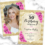 金ゴールドエレガントピンク写真50誕生日 招待状<br><div class="desc">エレガントフローラ50歳の誕生日の招待状とカードの後ろの写真。グラムデザインフェイクグリッター金ゴールド。機能金ゴールドストライプ、ピンクのバラ、スクリプトフォントと紙吹雪。大人スタイリッシュのお祝いパーティーに最適。独自の詳細でパーソナライズどんなカスタマイズ年でもいい！印刷されたZazzle招待状または即時ダウンロードのデジタル印刷可能なテンプレート。</div>