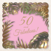 金ゴールドエレガントピンク50ファブラス誕生日 ペーパーコースター (正面)